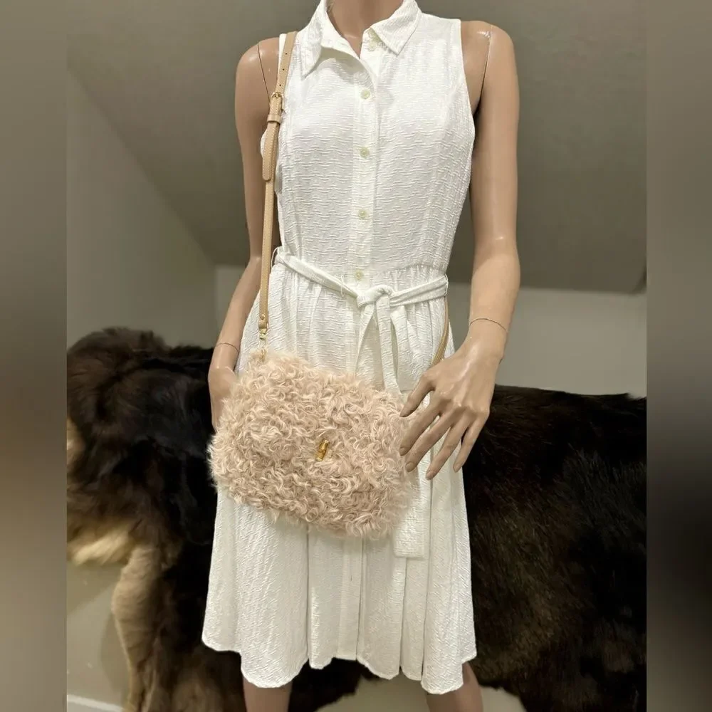 Beige Genuine Curly Shearling Top Handle & Fold Over Flap Purse, Crossbody